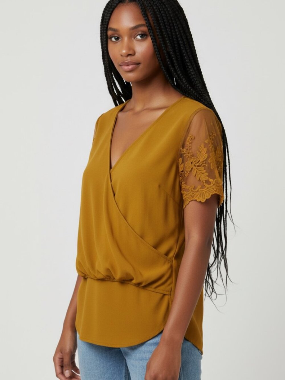 Lace-Sleeve Top in Mustard - Size L